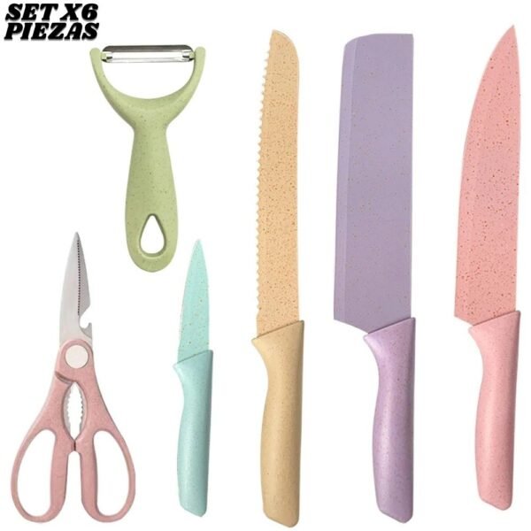 Set De Cuchillos X6 Piezas Con Tijera Y Pelador Para Cocina Colores