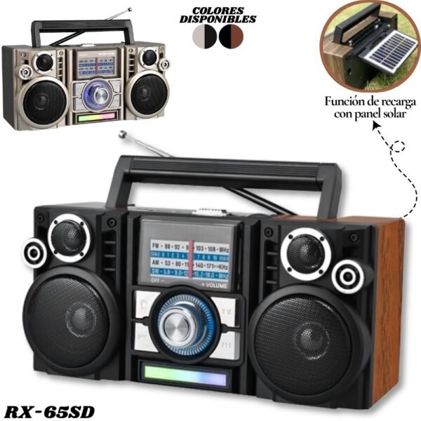Radio Parlante Retro Vintage Recargable Con Panel Solar Am Fm Sw Mp3 Bluetooth Rx-65SD