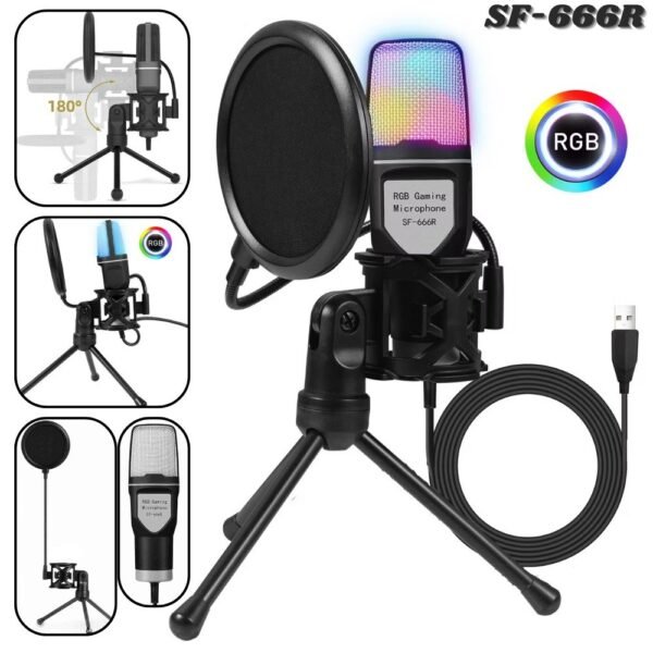 Microfono Alambrico Condensador Gamer Usb Rgb Filtro Antipop Grabacion De Streaming SF-666R