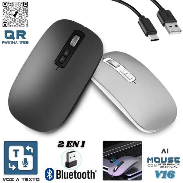 Mouse Inalambrico Inteligente 2 En 1 Bluetooth Y Receptor Con Inteligencia Artificial y Dictado por Voz Recargable V16