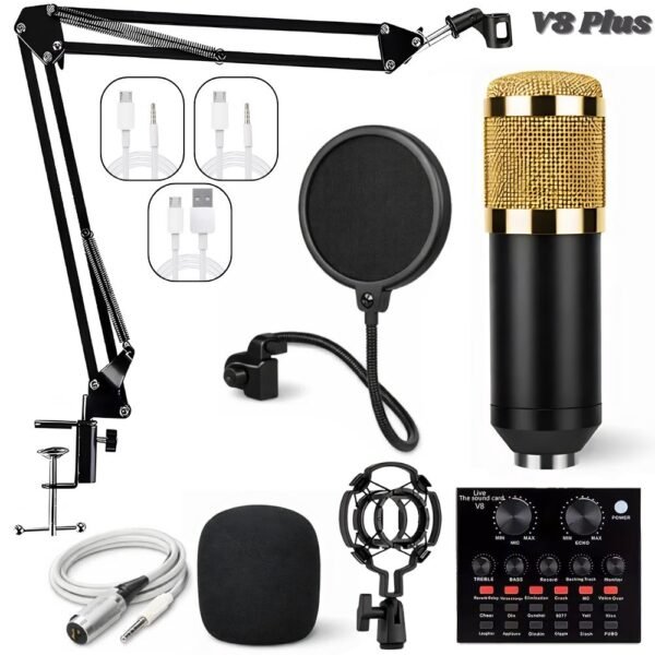 Kit Profesional Micrófono Condensador Alambrico Consola de Sonido V8 Plus Filtro Antipop Brazo Articulado
