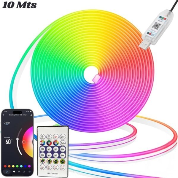 Cinta Led Tira Luces 10 Mts Rgb Neon Multicolor Con Control Bluetooth Conexion Usb