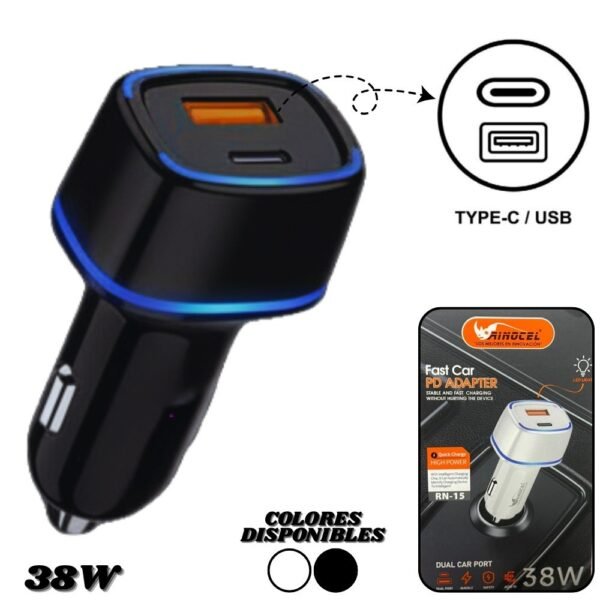 Cargador Cigarrera Para Carro 38w Carga Rapida Doble Puerto Usb y Tipo C