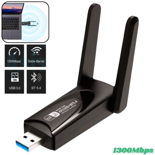 Adaptador Receptor Antena WiFi 1300Mbps USB Dual Band con Bluetooth 5.4