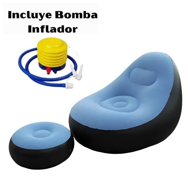 Sofa Sillon Inflable Con Posapies Portatil + Bomba Inflador Manual Azul