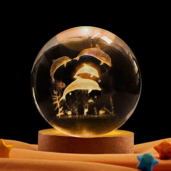 Lampara Esfera Bola De Cristal 3d Base De Madera Delfines