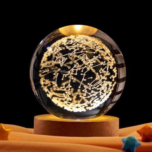 Lampara Esfera Bola De Cristal 3d Base De Madera Constelaciones