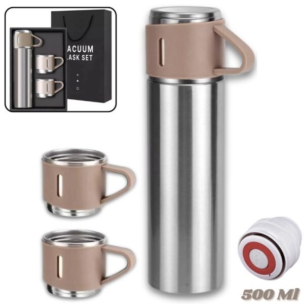 Set de Botella Termo Tintero Termico Portatil 500ml con 3 Tazas Plateado