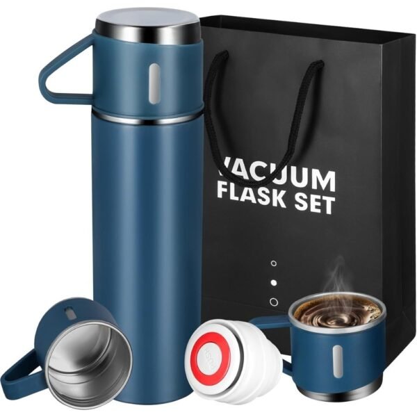 Set de Botella Termo Tintero Termico Portatil 500ml con 3 Tazas Azul