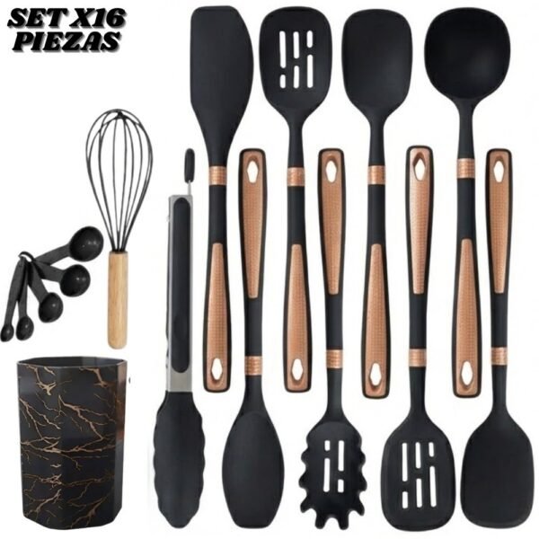 Set De Utensilios Para Cocina X16 Piezas En Silicona Negro