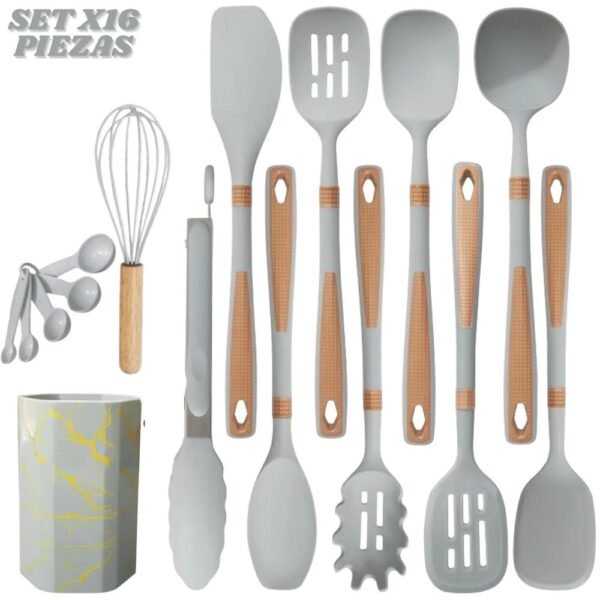 Set De Utensilios Para Cocina X16 Piezas En Silicona Gris / Verde