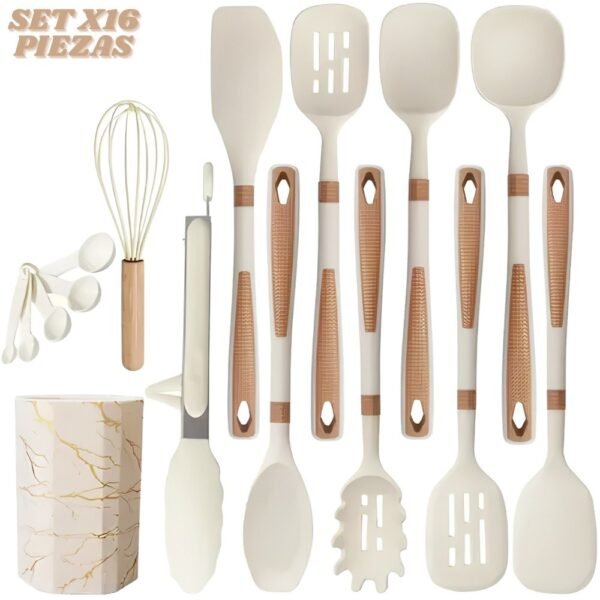 Set De Utensilios Para Cocina X16 Piezas En Silicona Beige
