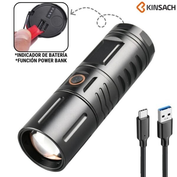 Linterna Tactica Led Recargable Usb Zoom Con Funcion Power Bank Aluminio