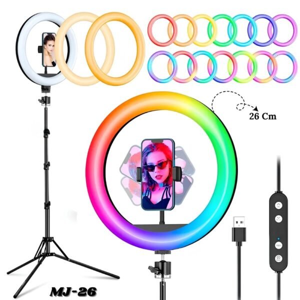 Aro De Luz Led Calida Y Rgb 26 Cm Con Tripode Soporte 2.1 Metros