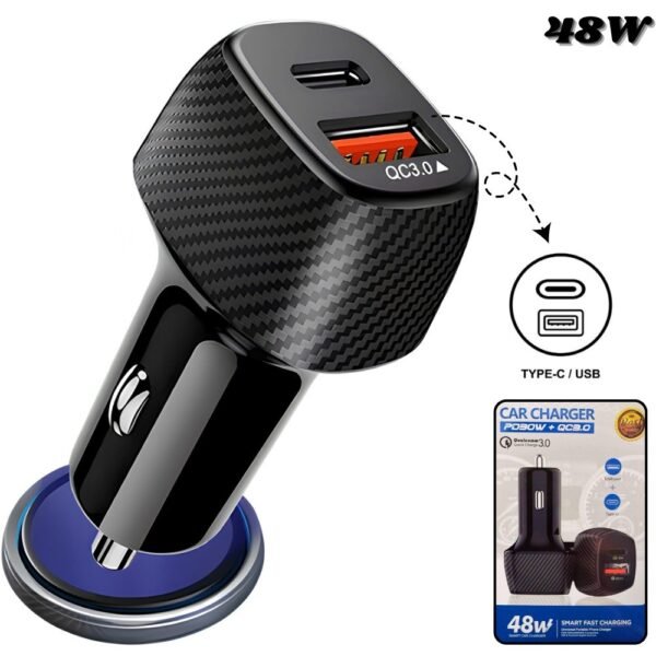 Cargador Cigarrera Para Carro 48w Carga Rapida Doble Puerto Usb y Tipo C