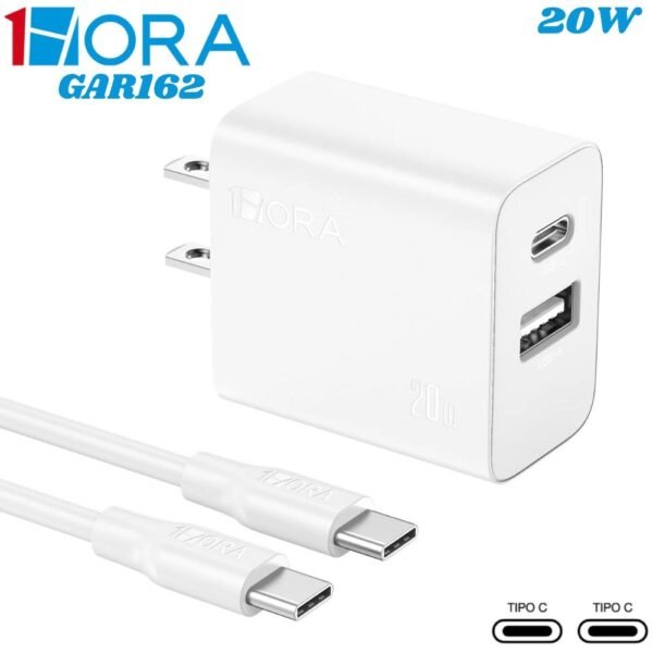 Cargador De Pared Doble Puerto Usb Y Tipo C Carga Rapida 20w 1hora Gar162