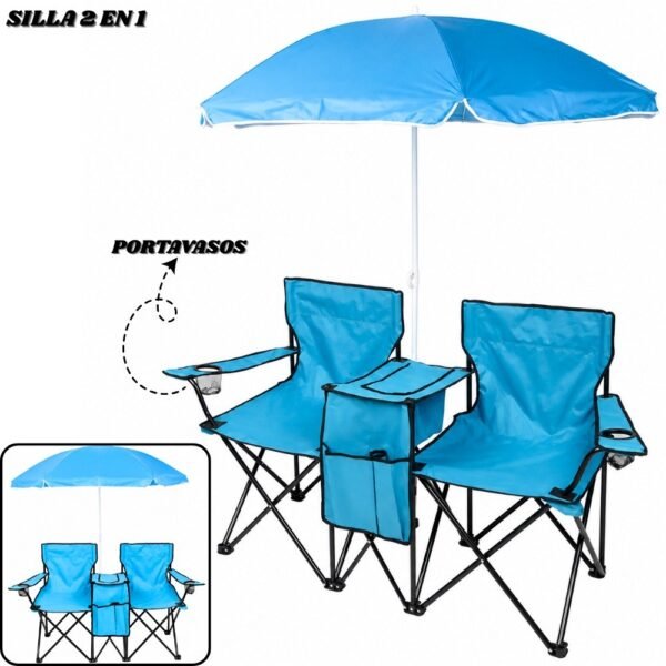 Set Silla Doble Plegable Con Sombrilla y Portavasos Para Camping