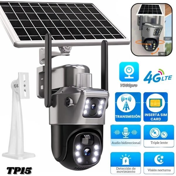 Camara De Seguridad Ip V380 Para Exteriores Doble Lente Con Panel Solar Sim Card 4G Vision Infrarrojo Tp15