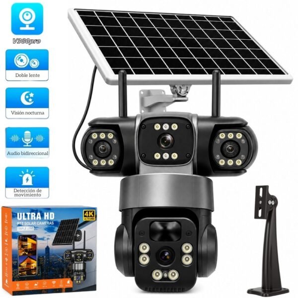 Camara De Seguridad Ip V380 Para Exteriores Doble Lente Con Panel Solar Wifi Vision Infrarrojo