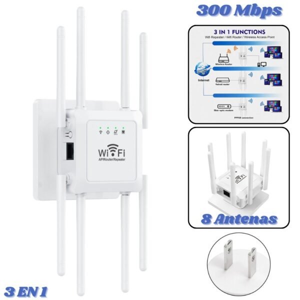 Repetidor Wifi 300 Mbps 8 Antenas Amplificador De Señal 3 En 1