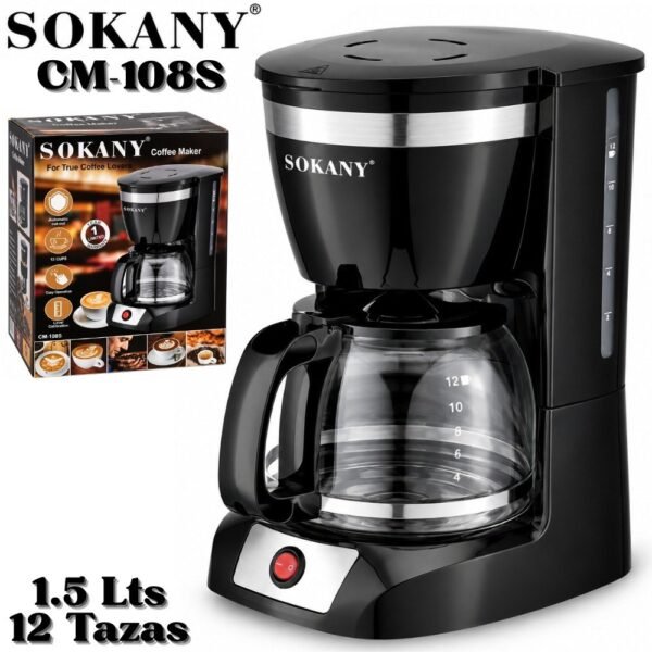 Cafetera Electrica Sokany Cm-108s 12 Tazas 1.5 Litros Jarra de Vidrio