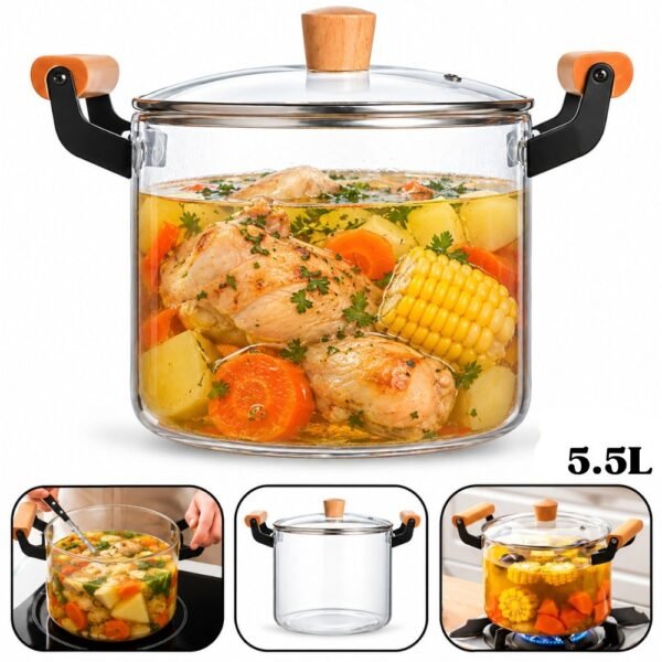 Olla Cacerola De Vidrio Borosilicato Transparente Con Tapa 5.5l