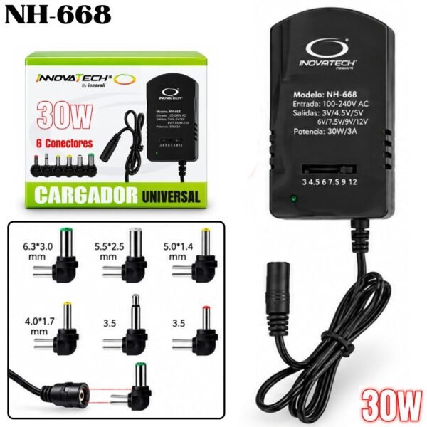 Cargador Adaptador De Voltaje Universal Fuente Poder Ajustable 30W 6 Puntas Intercambiables NH-668