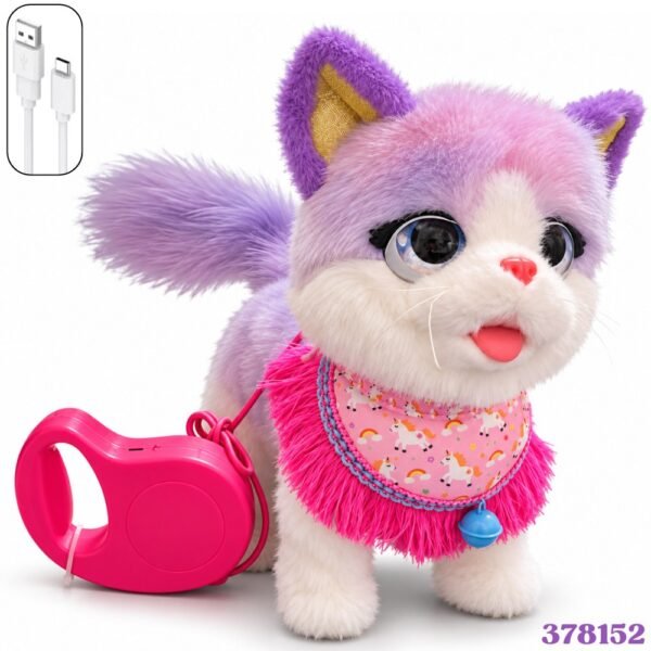 Gato Peluche Interactivo Que Camina Con Correa Recargable Morado
