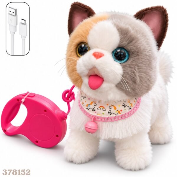 Gato Peluche Interactivo Que Camina Con Correa Recargable Blanco Con Manchas