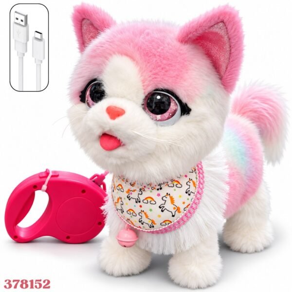 Gato Peluche Interactivo Que Camina Con Correa Recargable Rosado