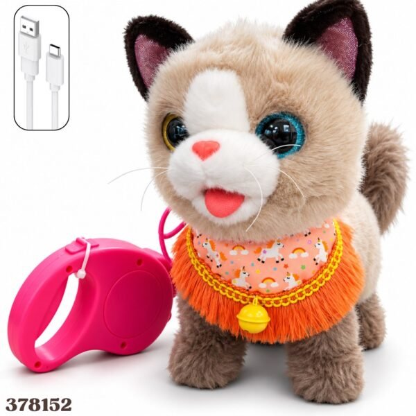 Gato Peluche Interactivo Que Camina Con Correa Recargable Beige