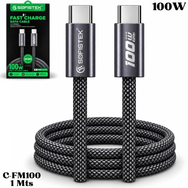 Cable De Datos Tipo C A Tipo C 100W Acordonado Alta Calidad C-FM100 1 Metro