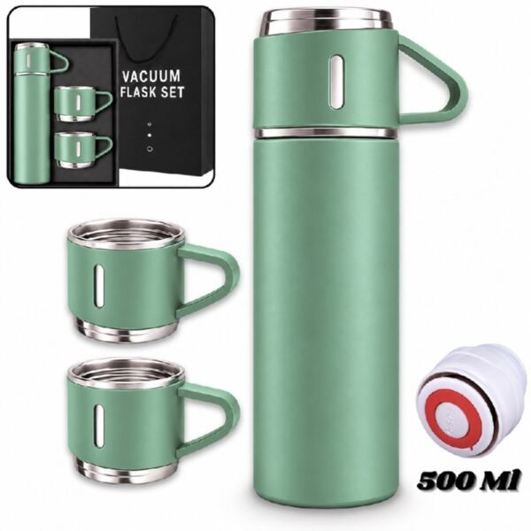 Set De Botella Termo Tintero Termico Portatil 500ml Con 3 Tazas Verde