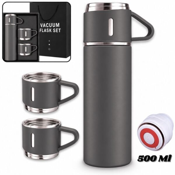 Set De Botella Termo Tintero Termico Portatil 500ml Con 3 Tazas Gris