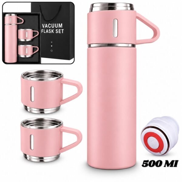Set De Botella Termo Tintero Termico Portatil 500ml Con 3 Tazas Rosado